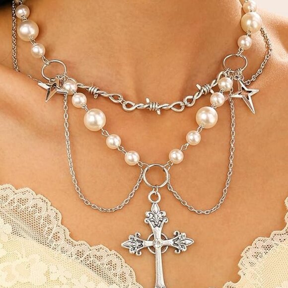 Gothic Punk Cosmic Cross Rosary Layered Choker Silver and White Necklace - Picture 2 of 14